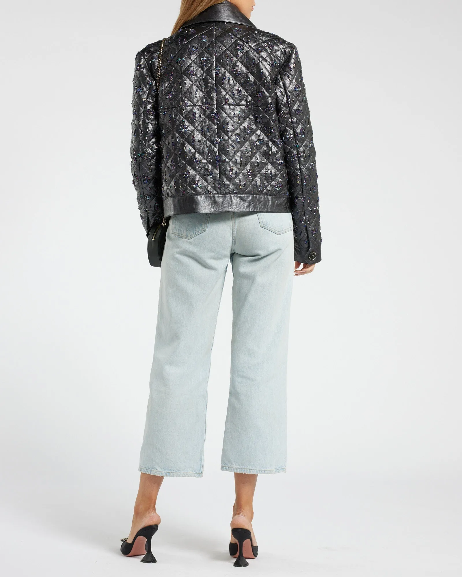 Chanel Navy Quilted With Tweed Embellishment Detail Leather Jacket Fr 42 (uk 14)