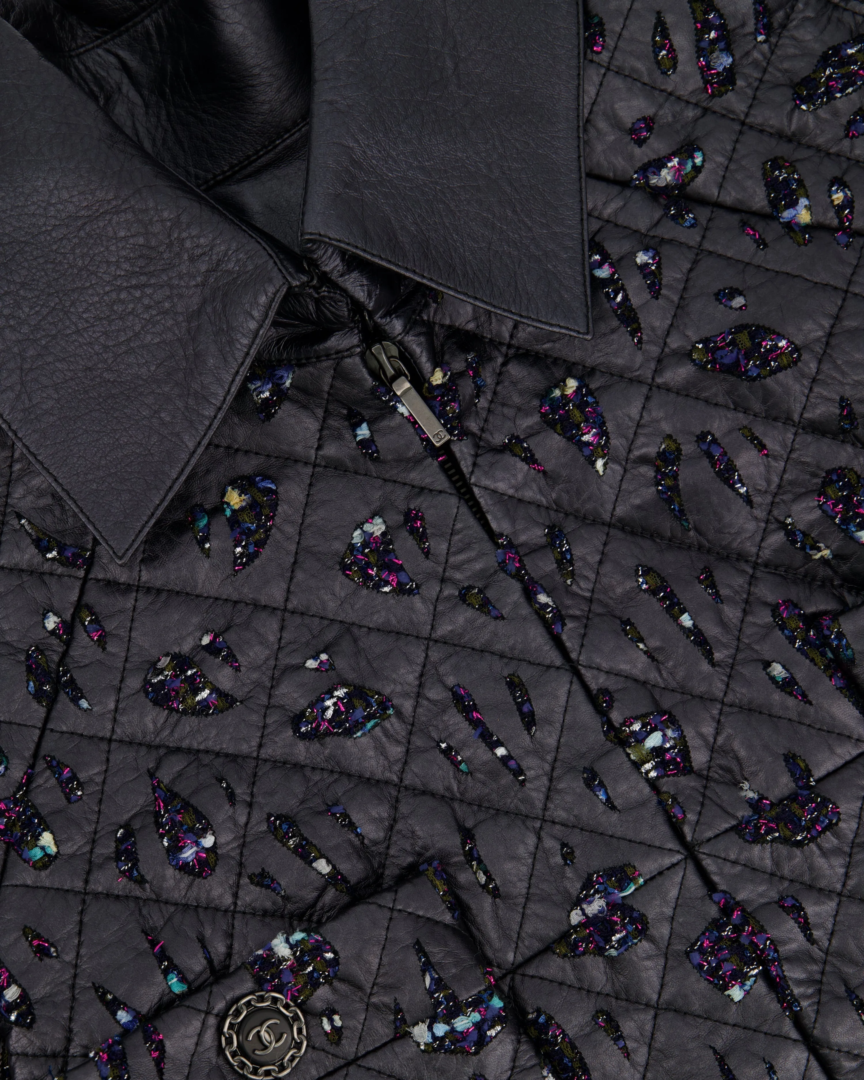 Chanel Navy Quilted With Tweed Embellishment Detail Leather Jacket Fr 42 (uk 14)