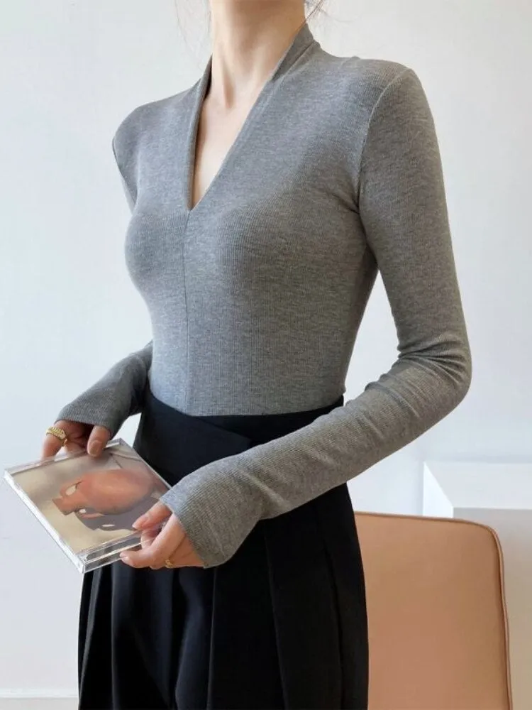 Chicmy Beautiful Women's Elegant Blouses V-Neck Slim Shirts Long Sleeve Top Solid Sexy Camisole Spring Blouses For Women Fashion