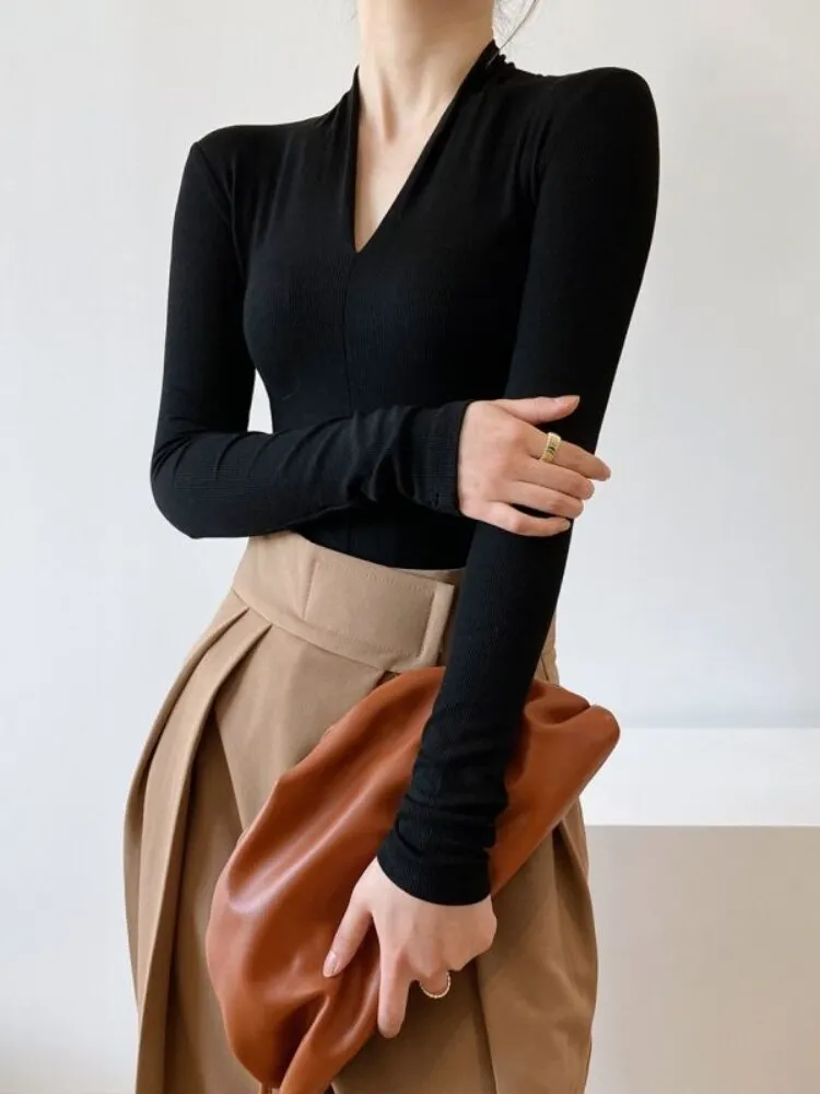 Chicmy Beautiful Women's Elegant Blouses V-Neck Slim Shirts Long Sleeve Top Solid Sexy Camisole Spring Blouses For Women Fashion