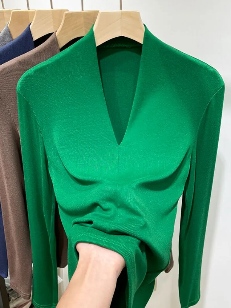 Chicmy Beautiful Women's Elegant Blouses V-Neck Slim Shirts Long Sleeve Top Solid Sexy Camisole Spring Blouses For Women Fashion
