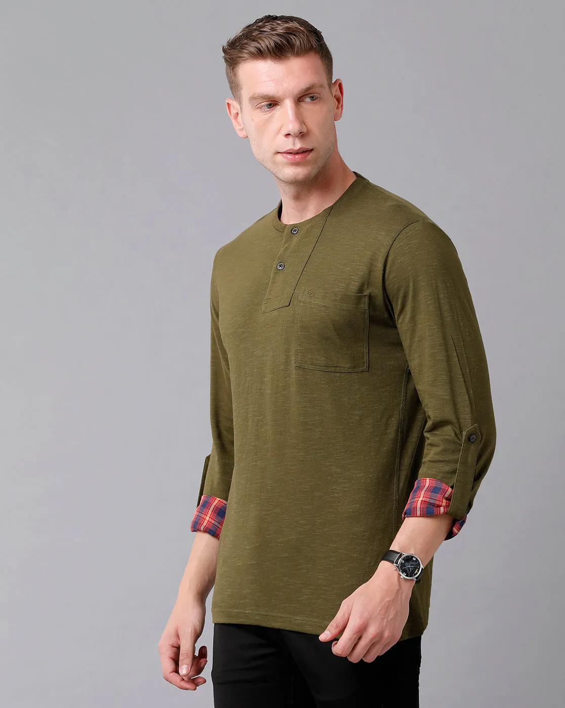 Classic Polo Men's Cotton Solid Full Sleeve Slim Fit Round Neck Green Color T-Shirt | Baleno Fs - 485 B