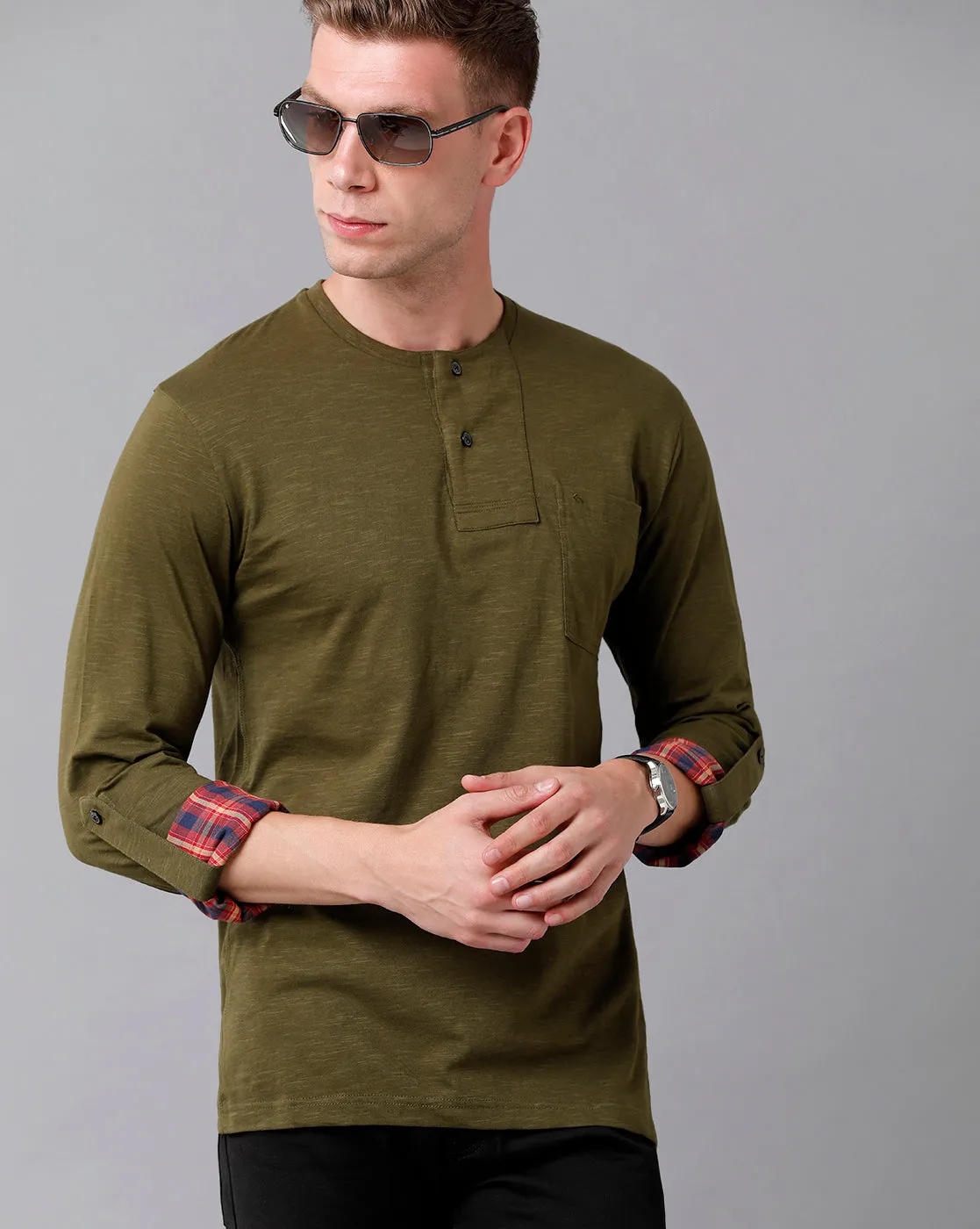 Classic Polo Men's Cotton Solid Full Sleeve Slim Fit Round Neck Green Color T-Shirt | Baleno Fs - 485 B