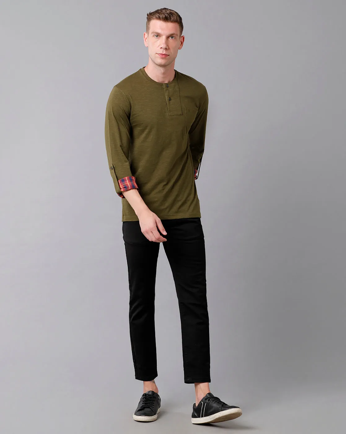Classic Polo Men's Cotton Solid Full Sleeve Slim Fit Round Neck Green Color T-Shirt | Baleno Fs - 485 B