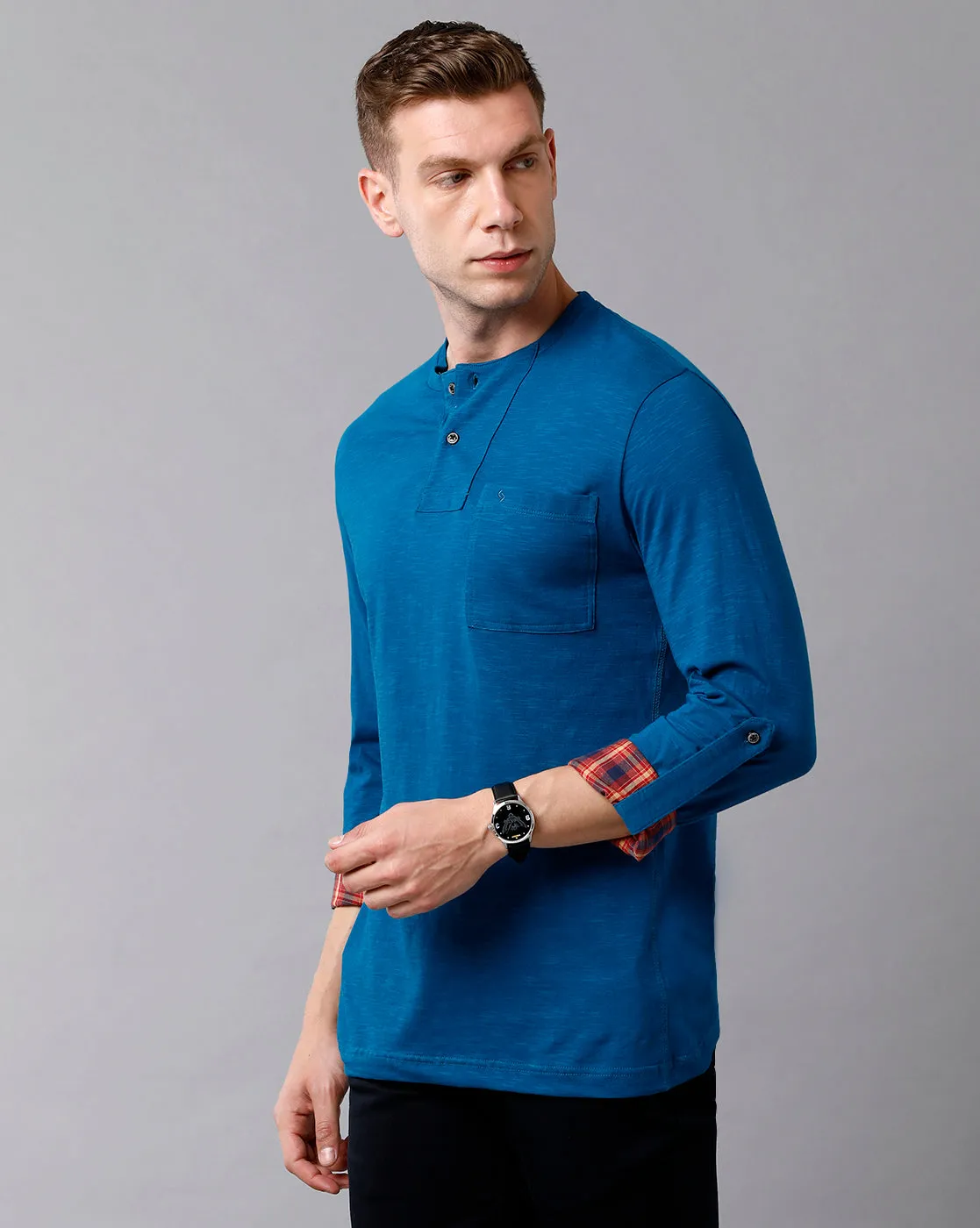 Classic Polo Men's Cotton Solid Full Sleeve Slim Fit Round Neck Royal Blue Color T-Shirt | Baleno Fs - 485 A