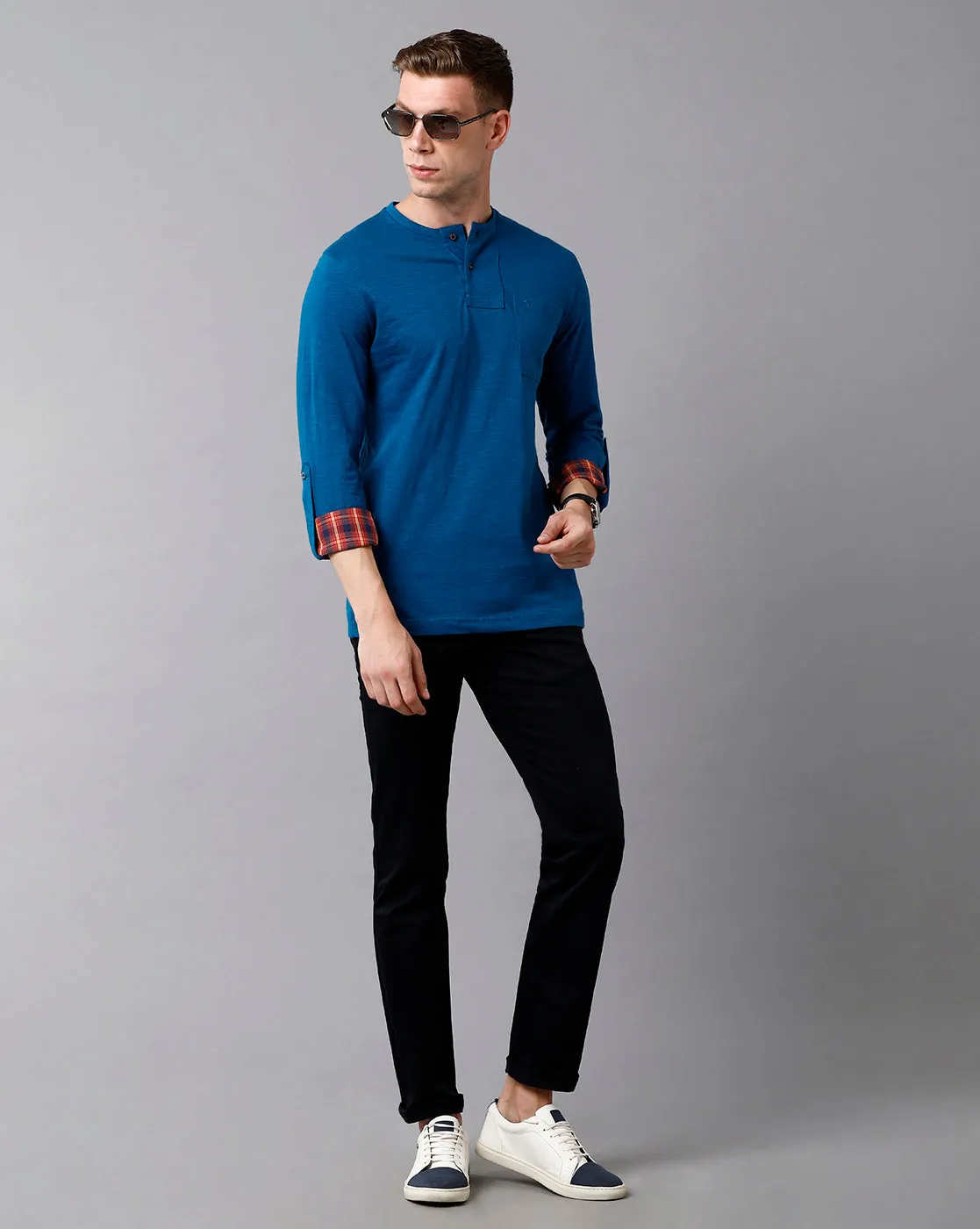 Classic Polo Men's Cotton Solid Full Sleeve Slim Fit Round Neck Royal Blue Color T-Shirt | Baleno Fs - 485 A