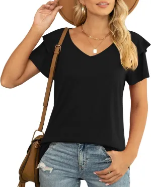 Comfy Loose Fit Black Ruffle V-Neck T-Shirt for Women - Soft Rayon & Spandex Blend, Perfect for Casual to Formal Occasions