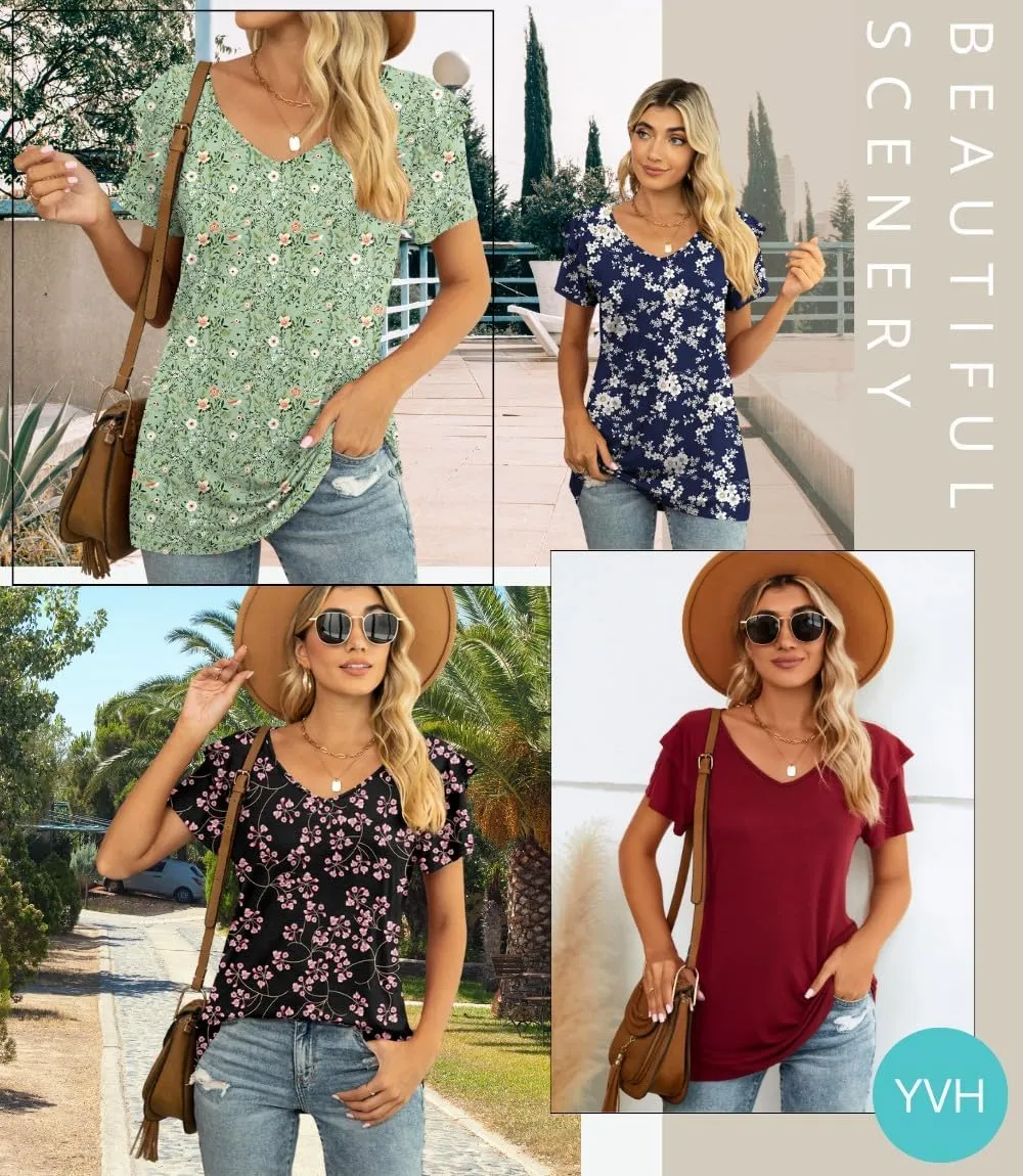 Comfy Loose Fit Black Ruffle V-Neck T-Shirt for Women - Soft Rayon & Spandex Blend, Perfect for Casual to Formal Occasions