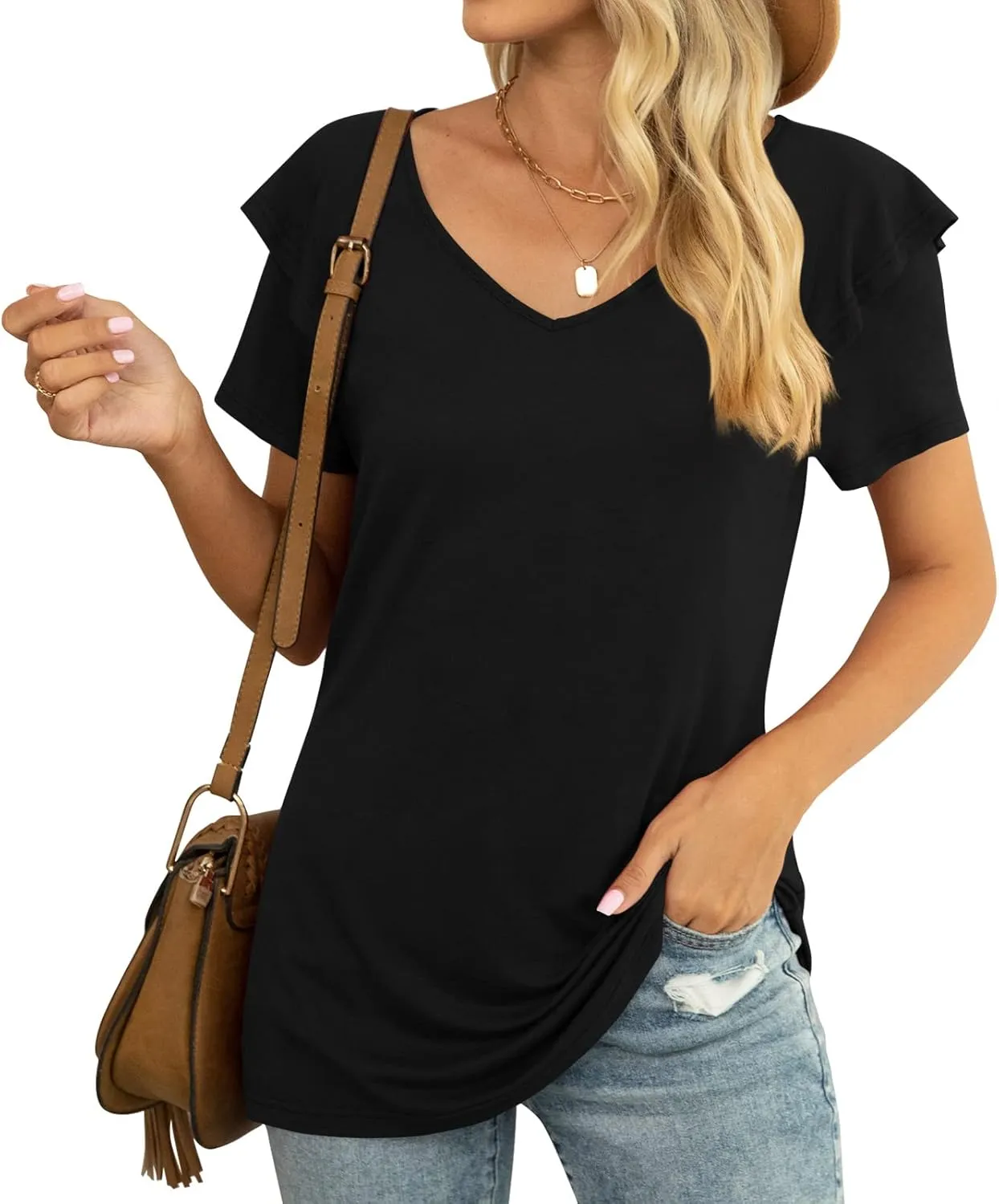 Comfy Loose Fit Black Ruffle V-Neck T-Shirt for Women - Soft Rayon & Spandex Blend, Perfect for Casual to Formal Occasions