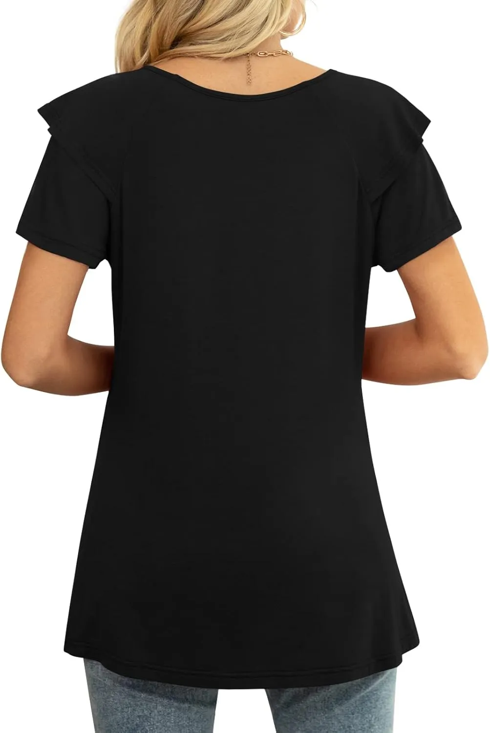 Comfy Loose Fit Black Ruffle V-Neck T-Shirt for Women - Soft Rayon & Spandex Blend, Perfect for Casual to Formal Occasions