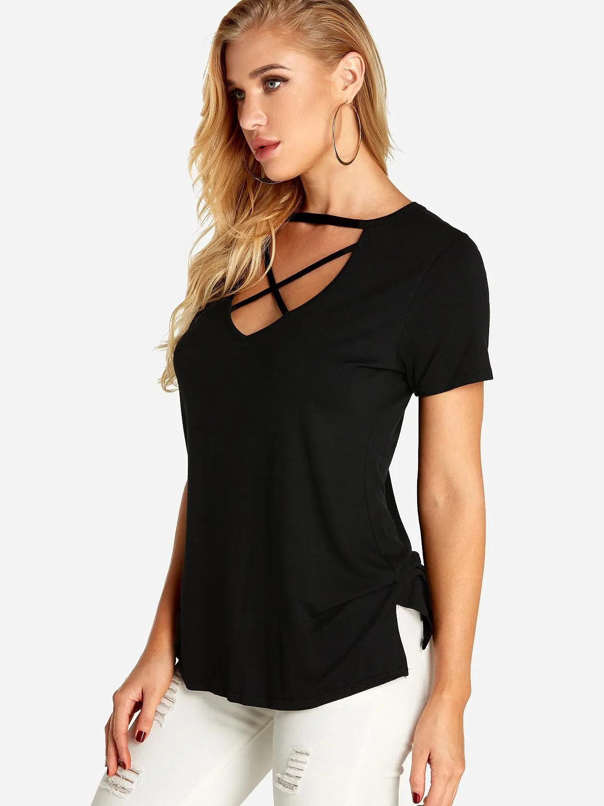 Custom Deep V Neck Plain Crossed Front Short Sleeve Black T-Shirts