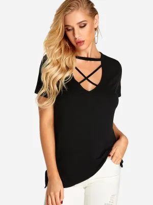 Custom Deep V Neck Plain Crossed Front Short Sleeve Black T-Shirts