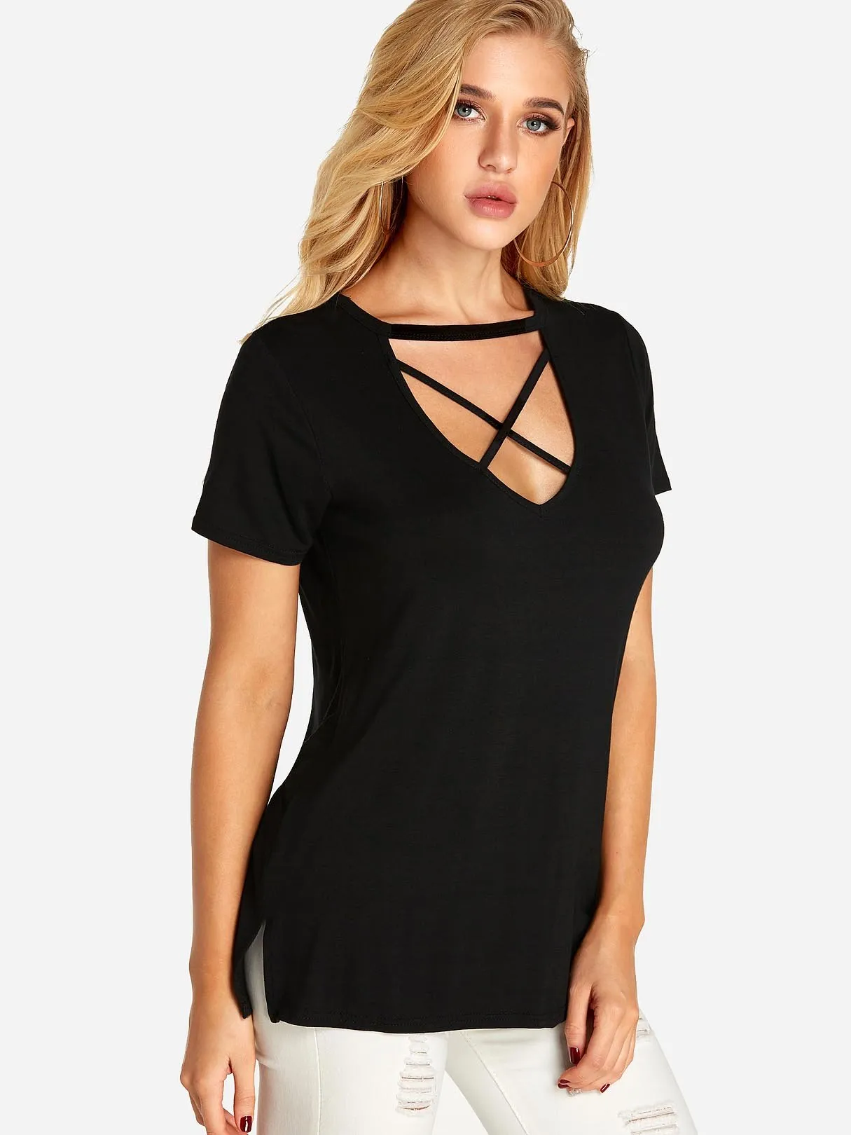 Custom Deep V Neck Plain Crossed Front Short Sleeve Black T-Shirts