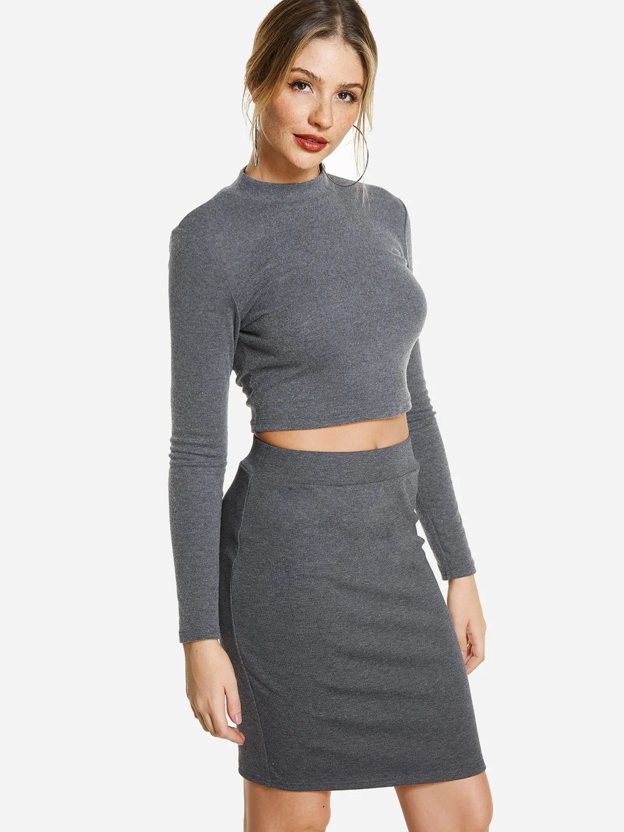 Custom Perkins Collar Plain Long Sleeve Grey Top
