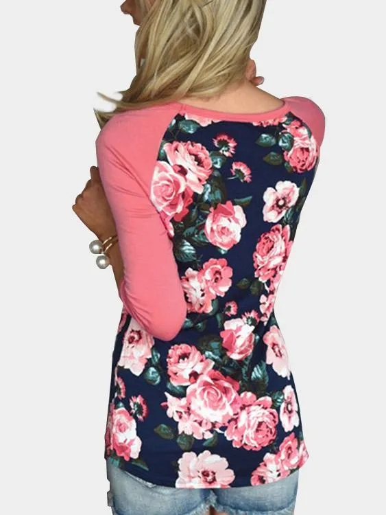 Custom Round Neck Floral Print Long Sleeve Pink T-Shirts