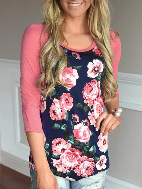 Custom Round Neck Floral Print Long Sleeve Pink T-Shirts