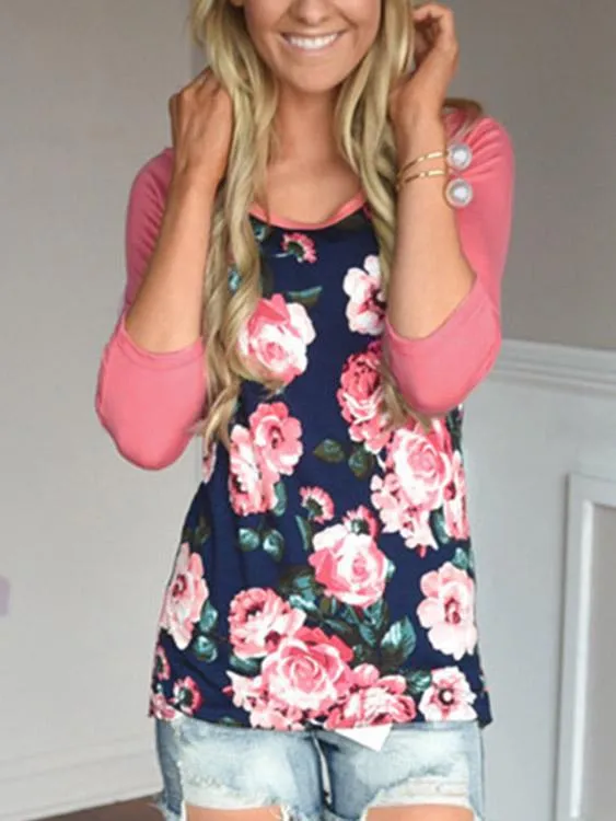 Custom Round Neck Floral Print Long Sleeve Pink T-Shirts