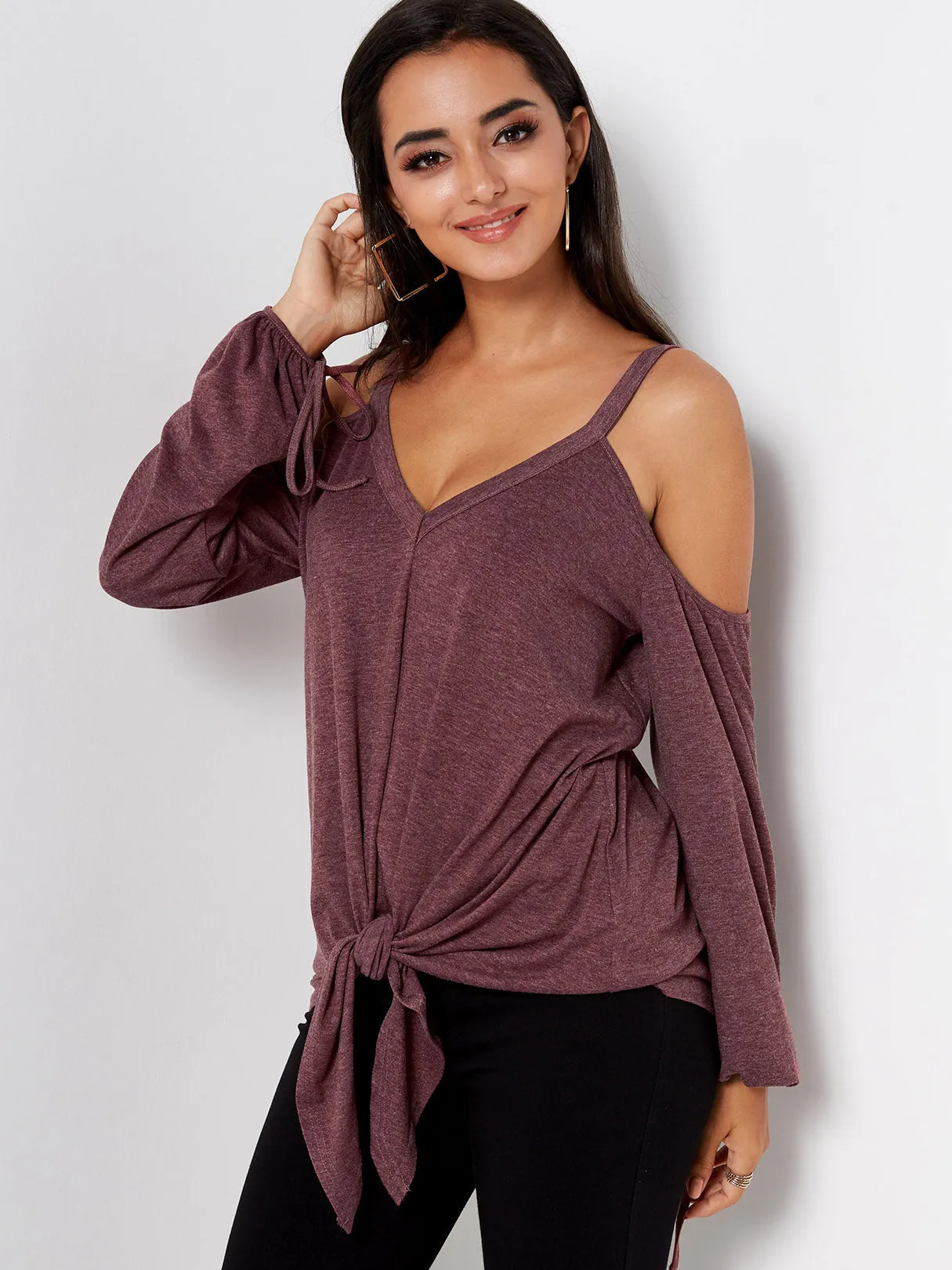 Custom V-Neck Cold Shoulder Plain Backless Tie-Up Long Sleeve Burgundy T-Shirts