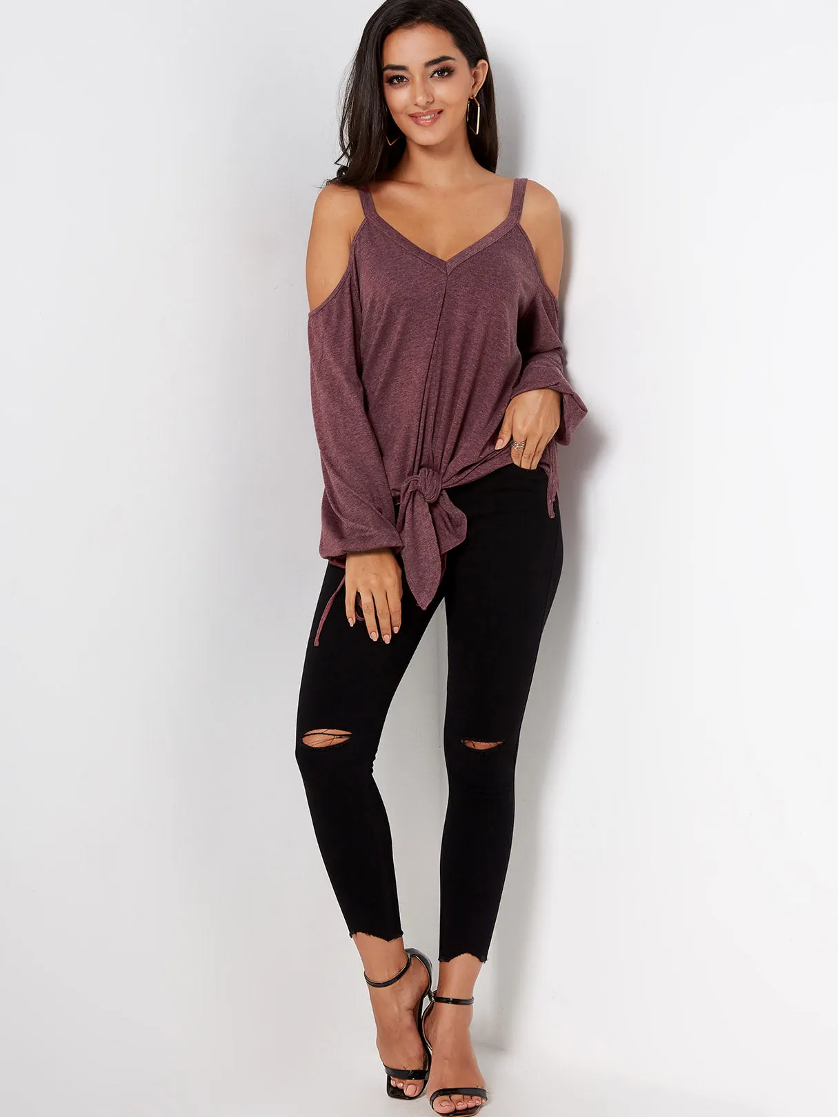 Custom V-Neck Cold Shoulder Plain Backless Tie-Up Long Sleeve Burgundy T-Shirts