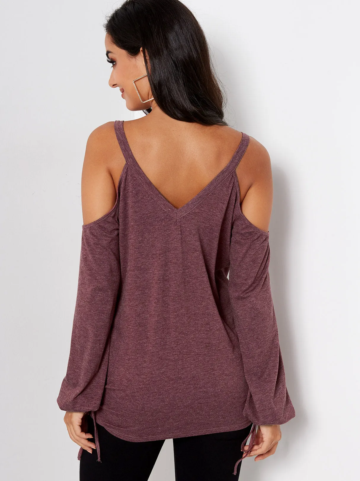 Custom V-Neck Cold Shoulder Plain Backless Tie-Up Long Sleeve Burgundy T-Shirts