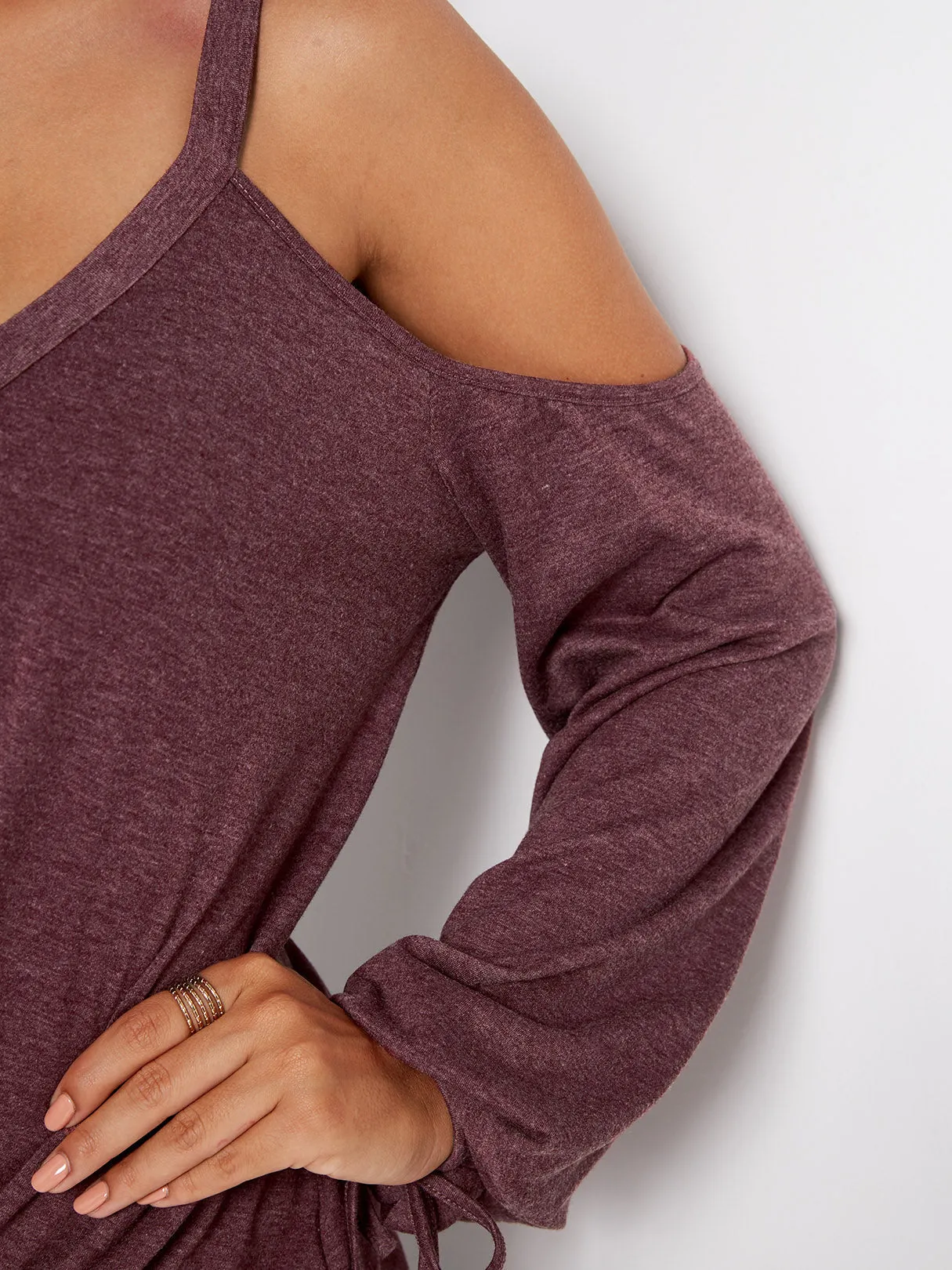 Custom V-Neck Cold Shoulder Plain Backless Tie-Up Long Sleeve Burgundy T-Shirts