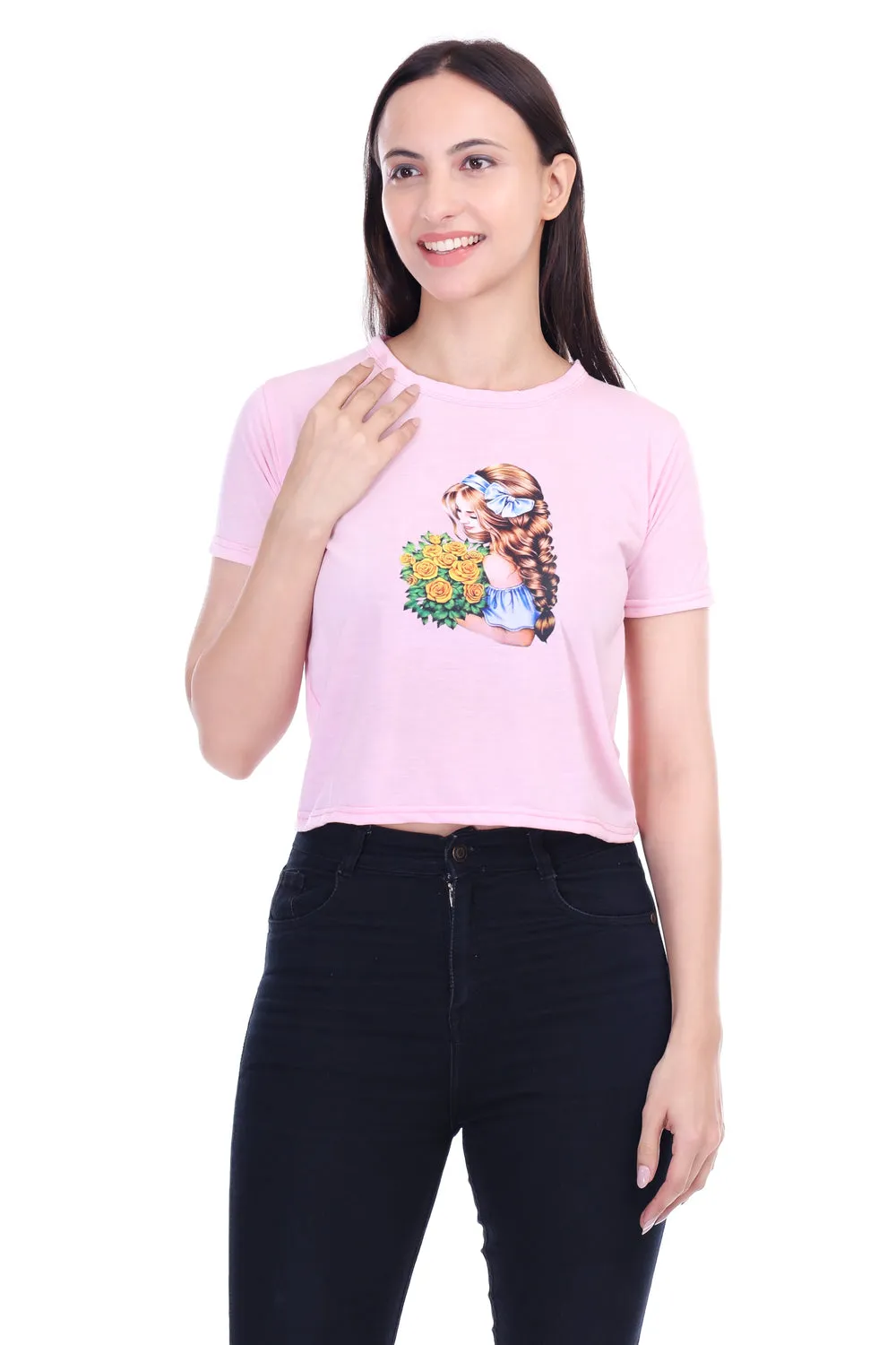 DK FASHION Women's  Women Solid Round Neck Pure Cotton Pink Dollflower Print T-Shirt