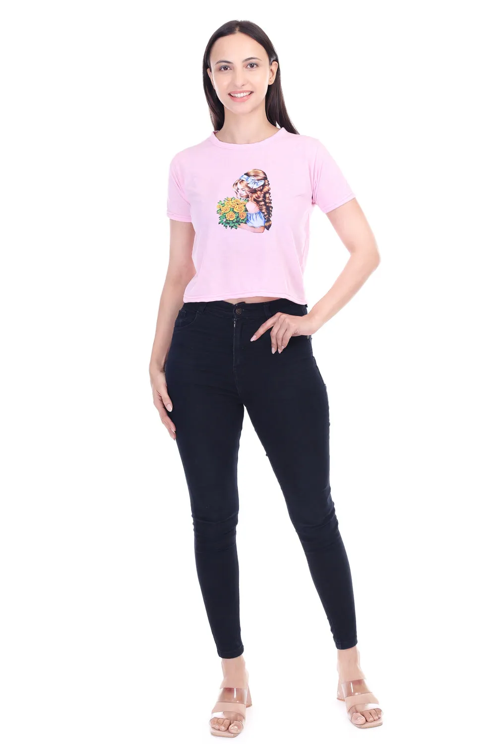 DK FASHION Women's  Women Solid Round Neck Pure Cotton Pink Dollflower Print T-Shirt