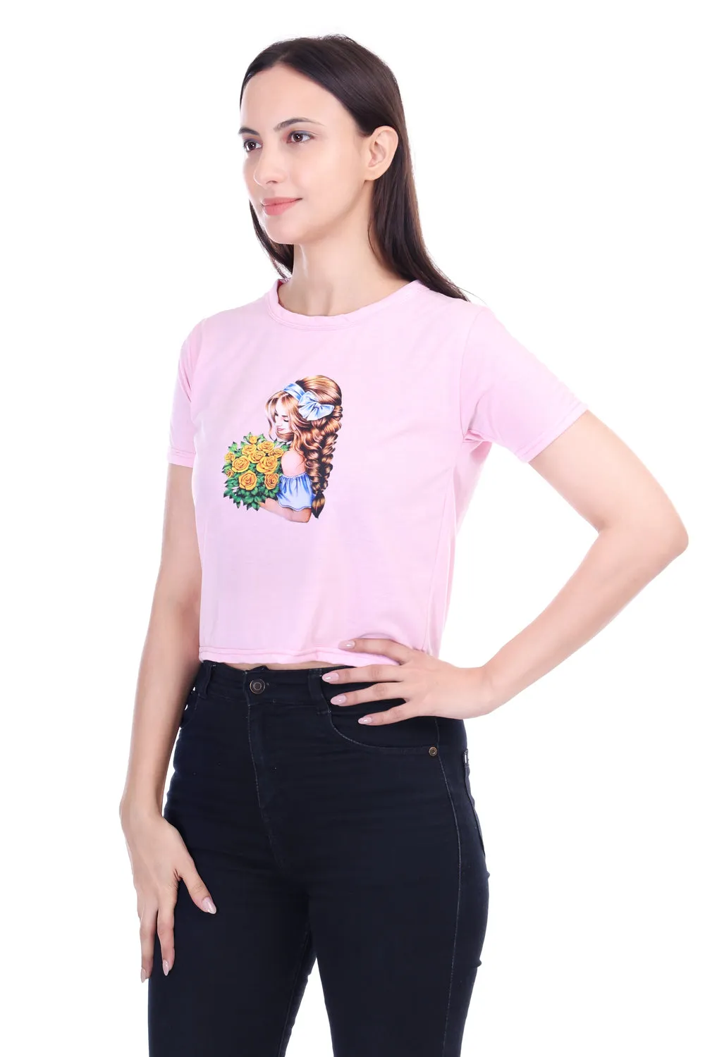 DK FASHION Women's  Women Solid Round Neck Pure Cotton Pink Dollflower Print T-Shirt