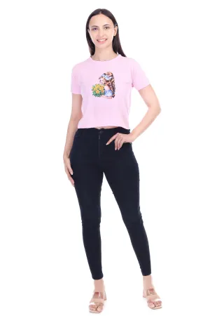 DK FASHION Women's  Women Solid Round Neck Pure Cotton Pink Dollflower Print T-Shirt