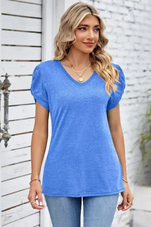 DRAPED PUFF SLEEVE WOMEN DAILY T SHIRTS