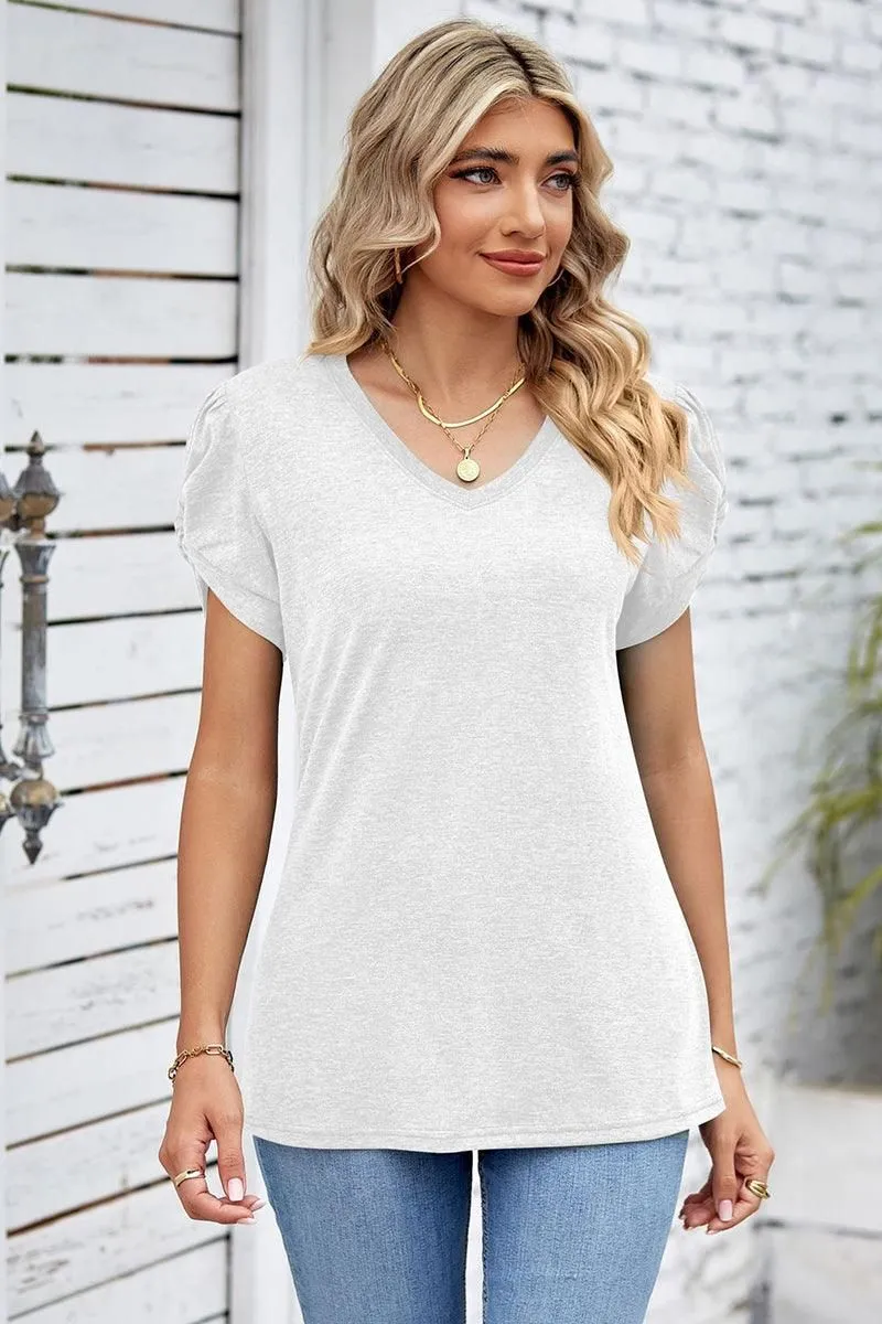DRAPED PUFF SLEEVE WOMEN DAILY T SHIRTS