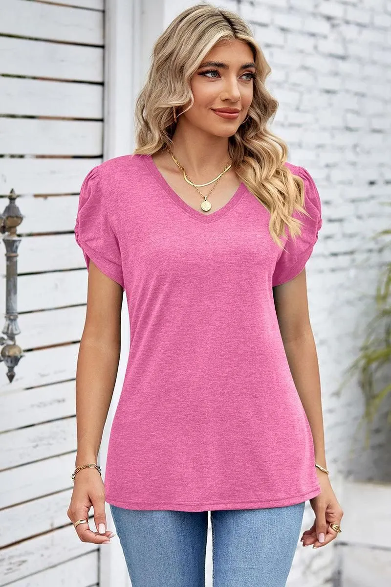 DRAPED PUFF SLEEVE WOMEN DAILY T SHIRTS