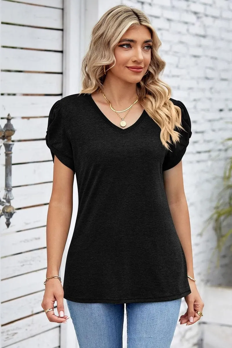 DRAPED PUFF SLEEVE WOMEN DAILY T SHIRTS