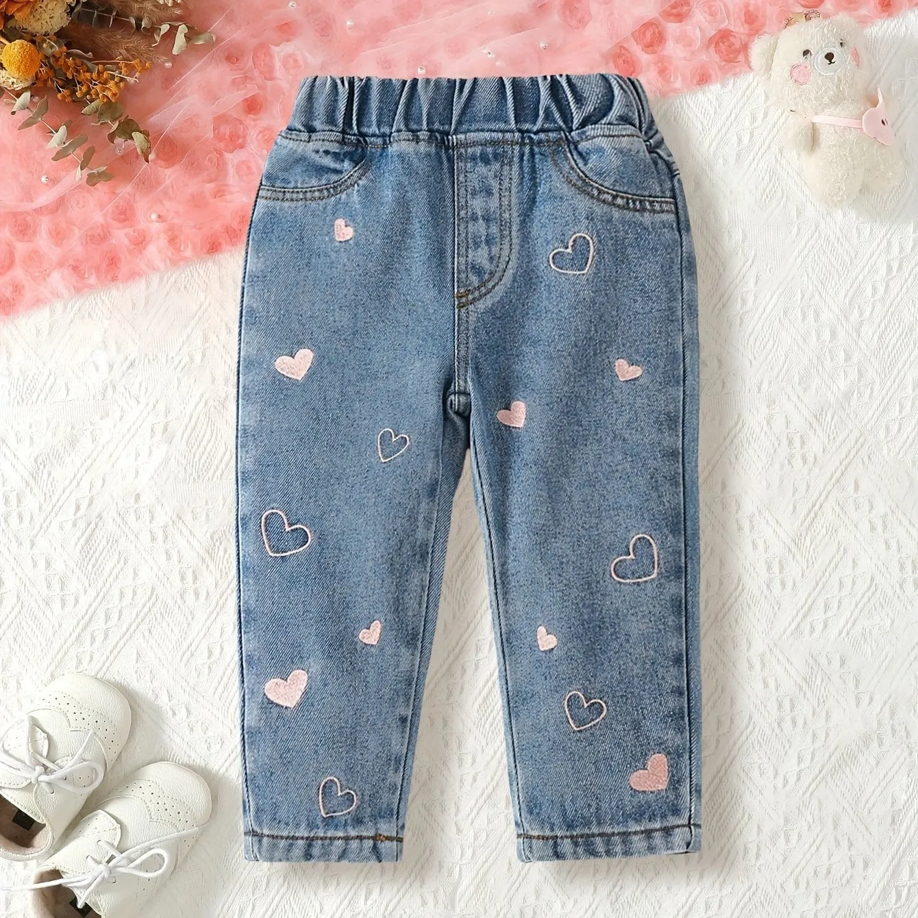 Elastic Waist Embroidered Love Fashionable Cute Jeans