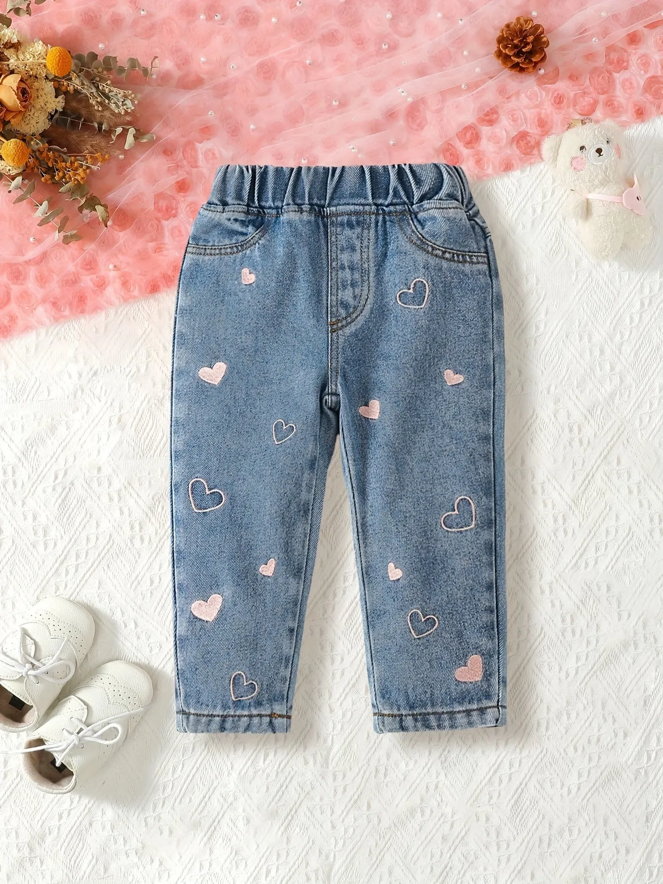 Elastic Waist Embroidered Love Fashionable Cute Jeans