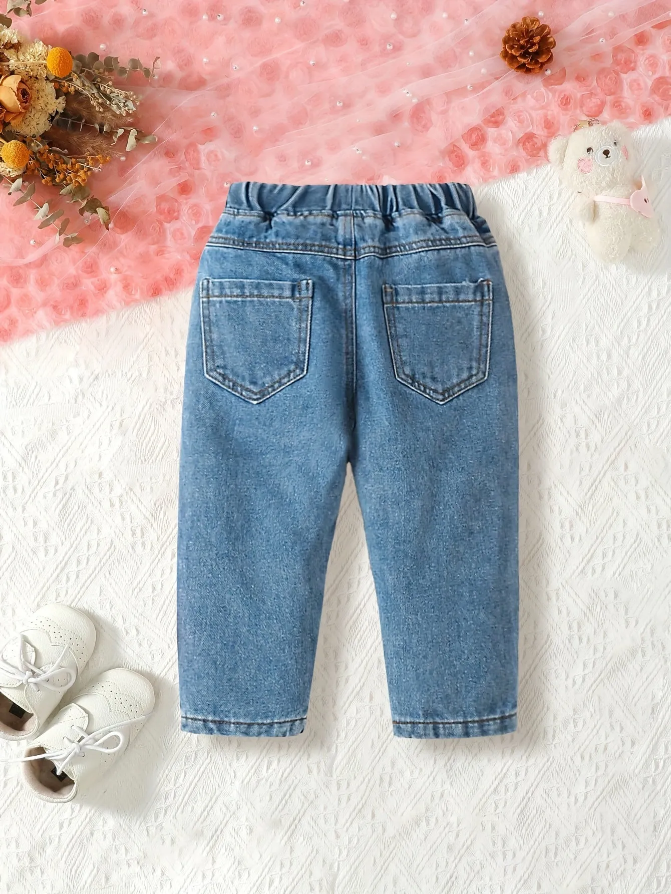 Elastic Waist Embroidered Love Fashionable Cute Jeans