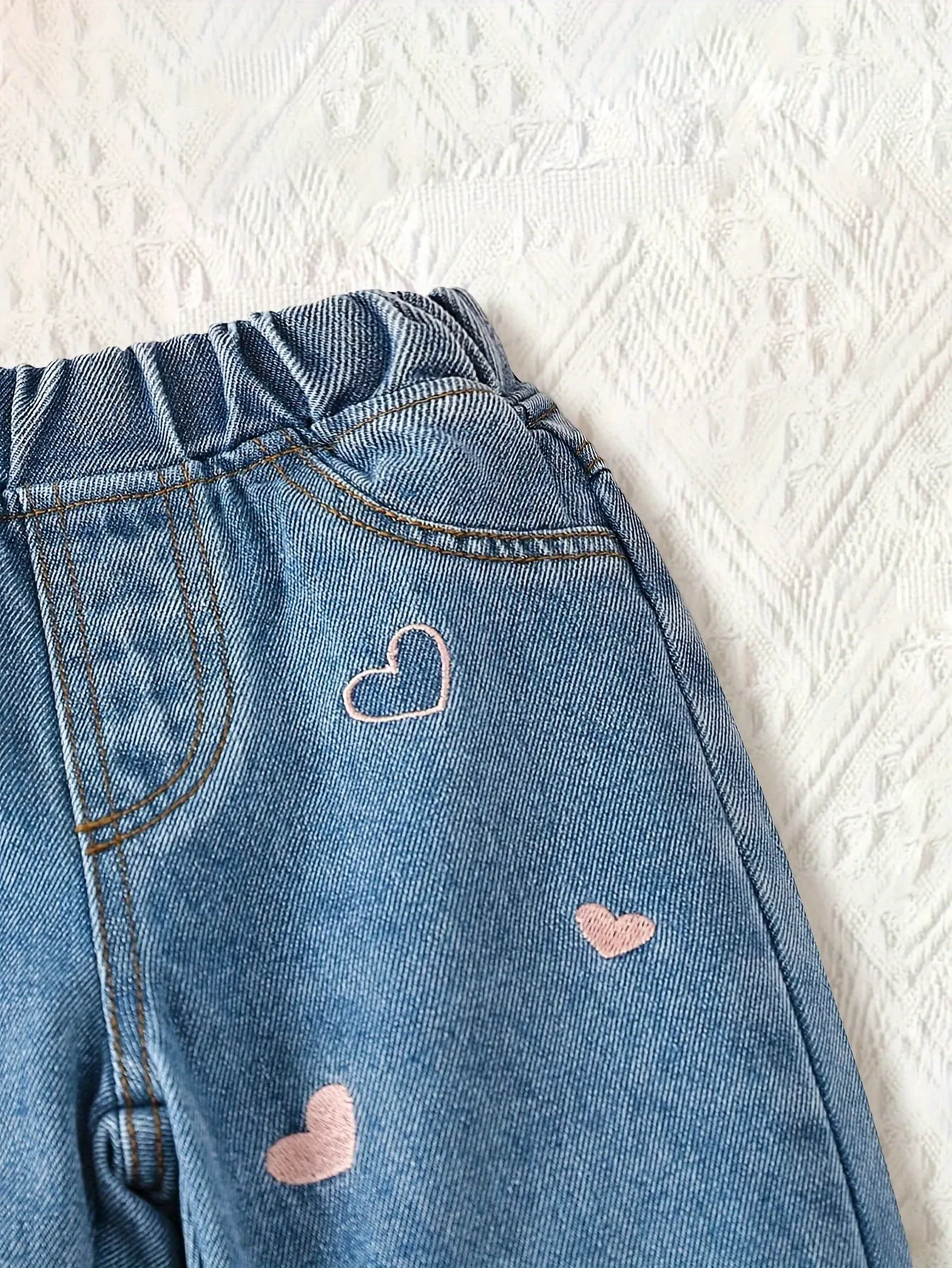Elastic Waist Embroidered Love Fashionable Cute Jeans