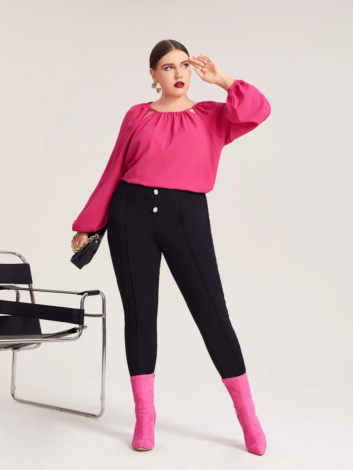 Elegant Plain Cut Out Long Sleeve Round Neck Pleated Regular Plus Size Blouse