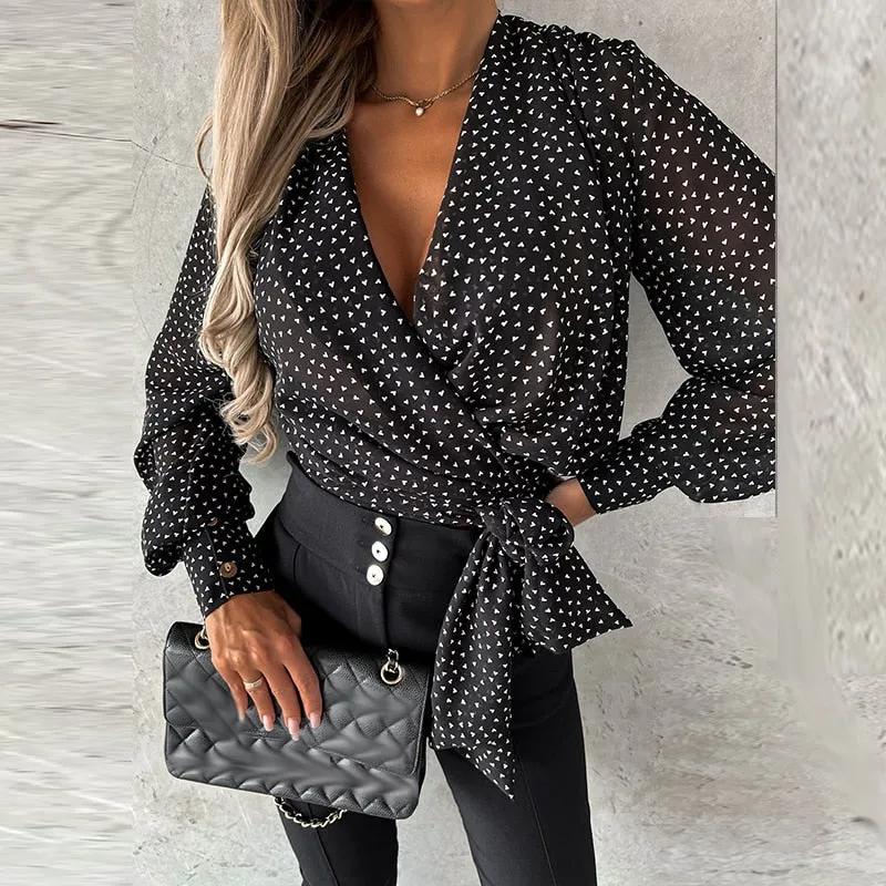 Elegant V Neck Slim Waist Lantern Long Sleeve Pullover Blouse