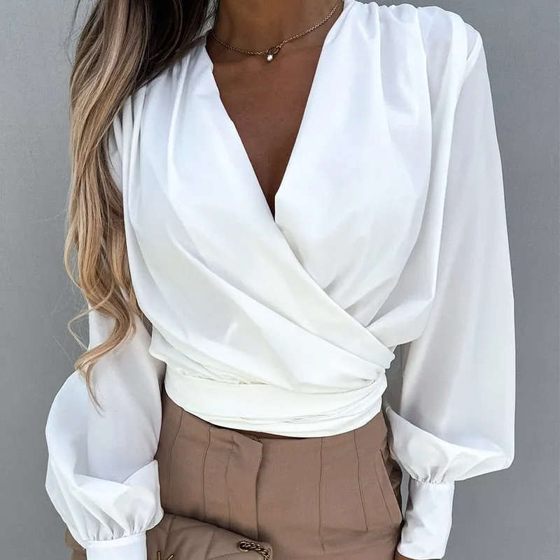 Elegant V Neck Slim Waist Lantern Long Sleeve Pullover Blouse
