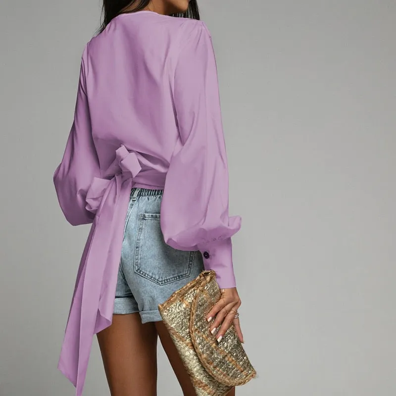 Elegant V Neck Slim Waist Lantern Long Sleeve Pullover Blouse