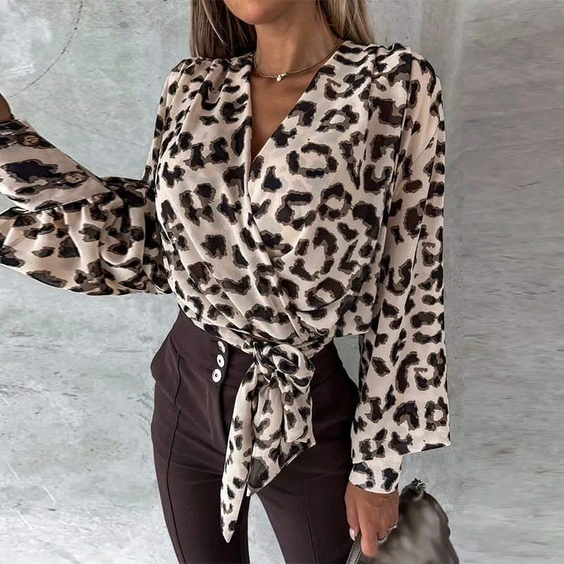 Elegant V Neck Slim Waist Lantern Long Sleeve Pullover Blouse