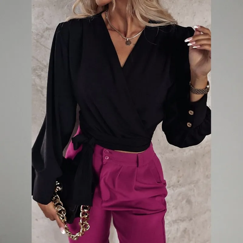 Elegant V Neck Slim Waist Lantern Long Sleeve Pullover Blouse