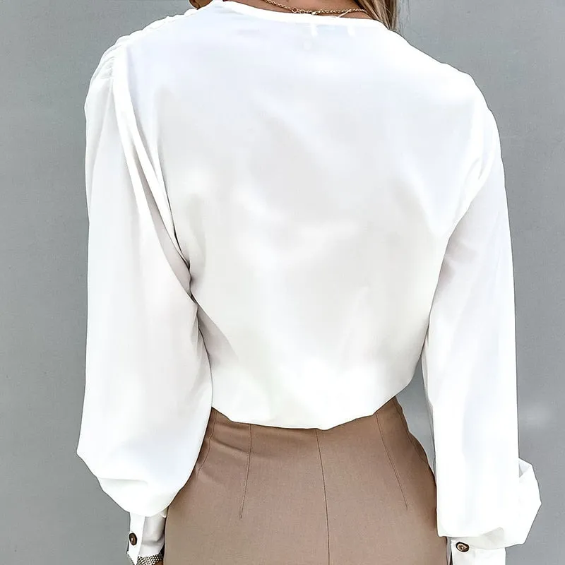 Elegant V Neck Slim Waist Lantern Long Sleeve Pullover Blouse