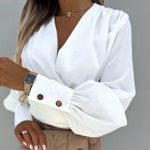 Elegant V Neck Slim Waist Lantern Long Sleeve Pullover Blouse