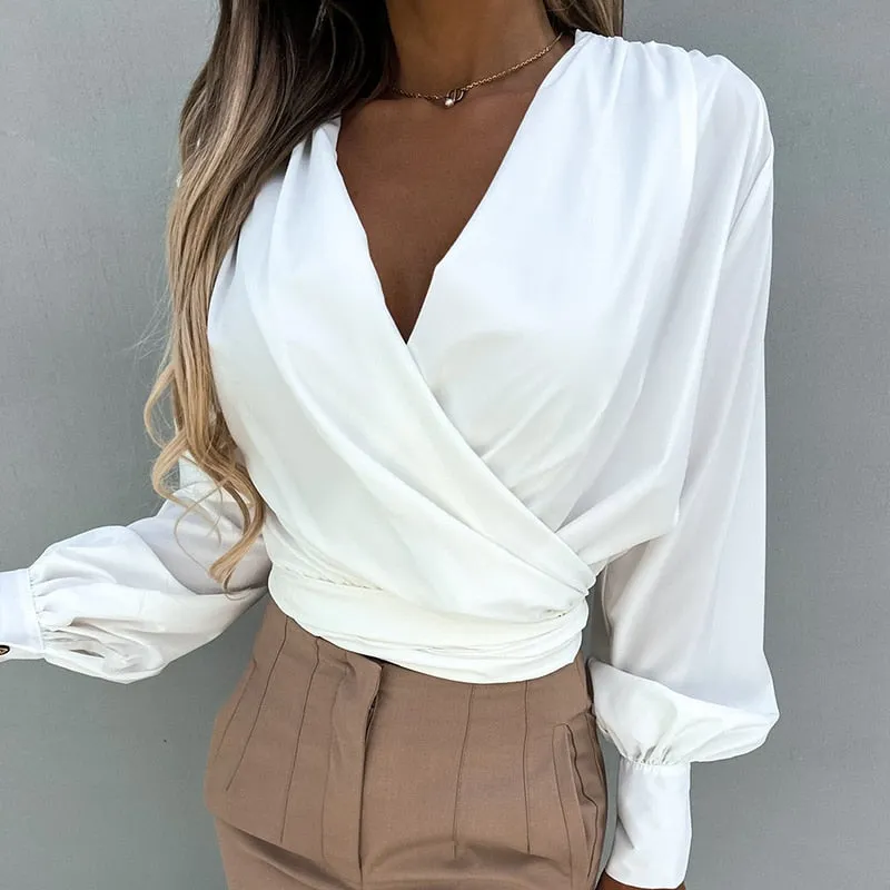 Elegant V Neck Slim Waist Lantern Long Sleeve Pullover Blouse