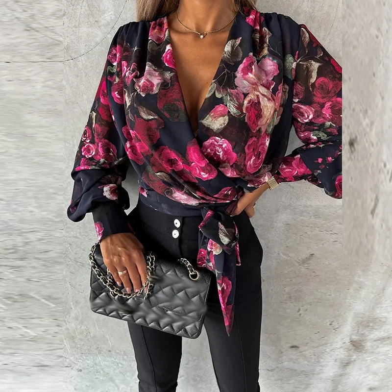 Elegant V Neck Slim Waist Lantern Long Sleeve Pullover Blouse