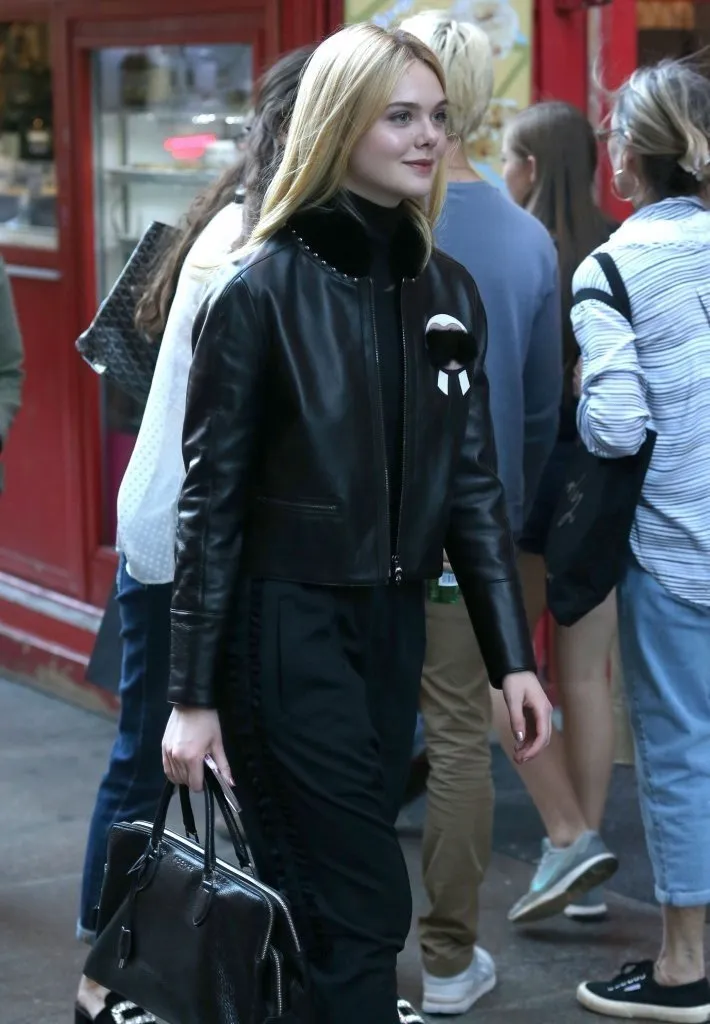 Elle Fanning Faux Fur Black Leather Jacket by TJS
