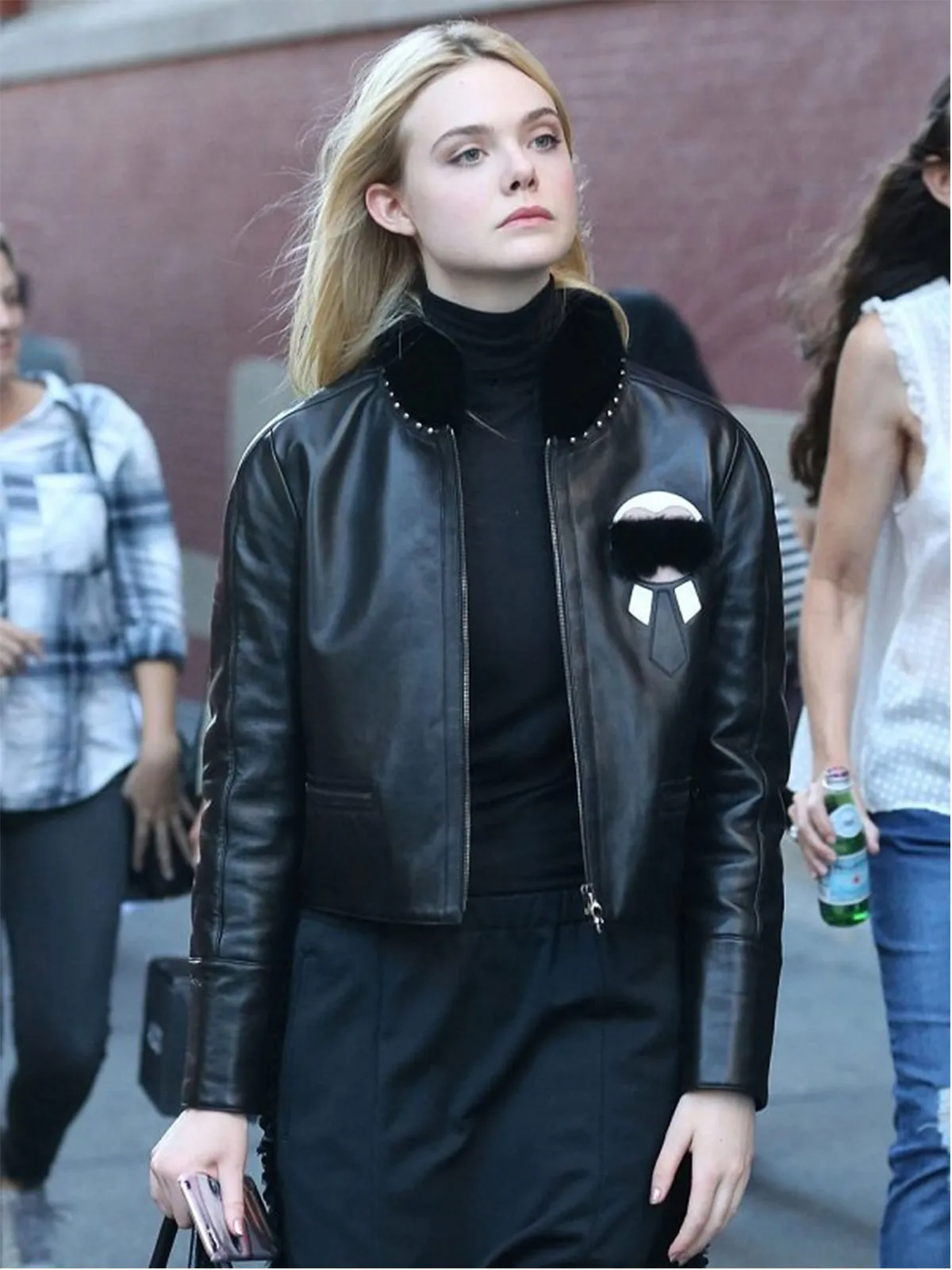 Elle Fanning Faux Fur Black Leather Jacket by TJS