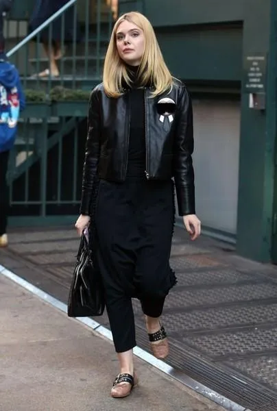 Elle Fanning Faux Fur Black Leather Jacket by TJS